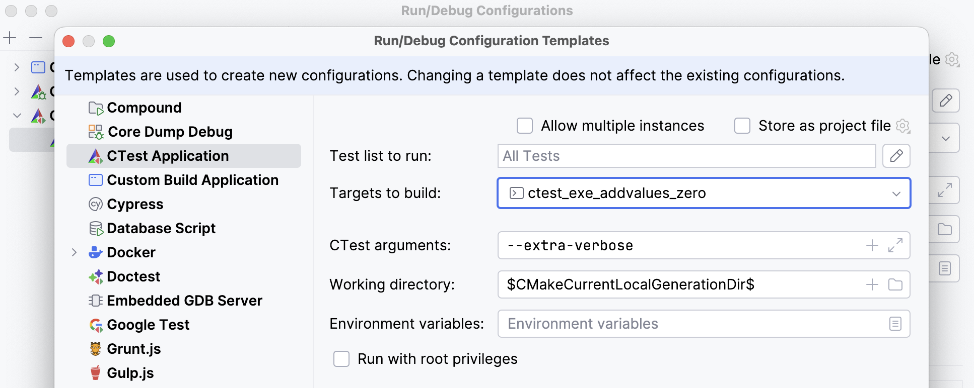 Editing the CTest configuration template