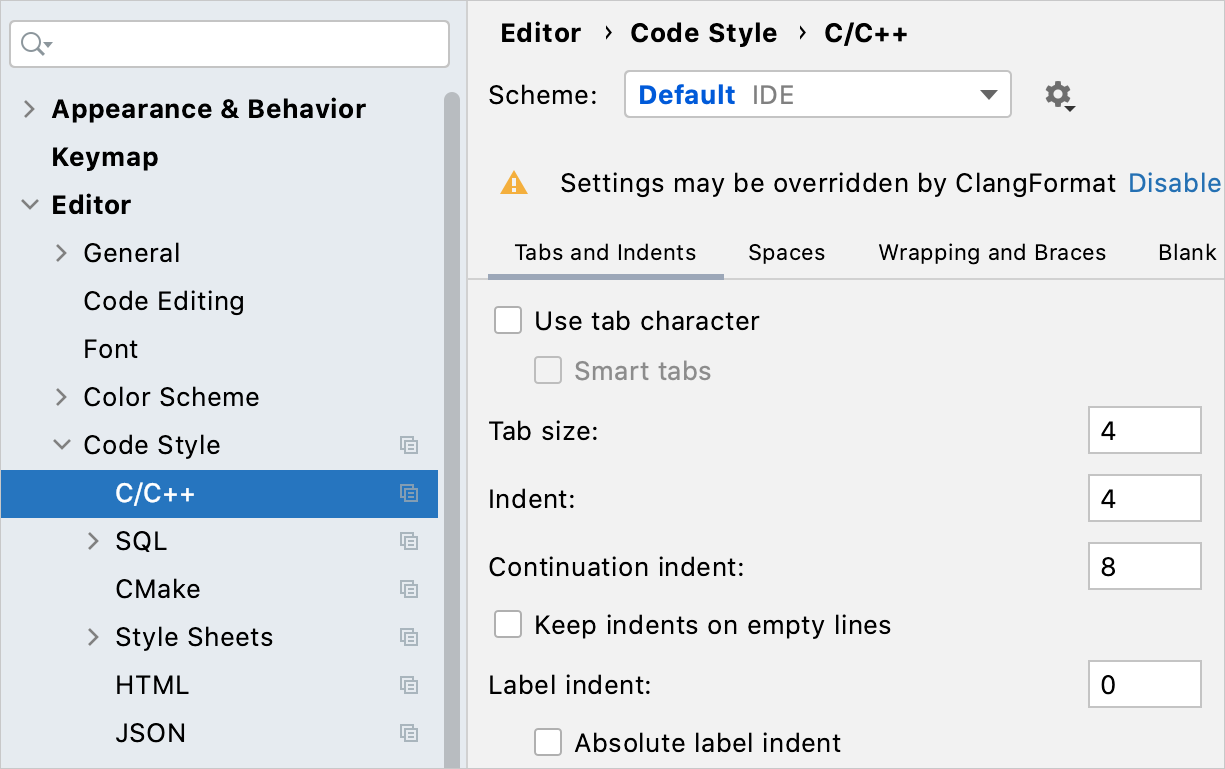 Code style settings for C/C++