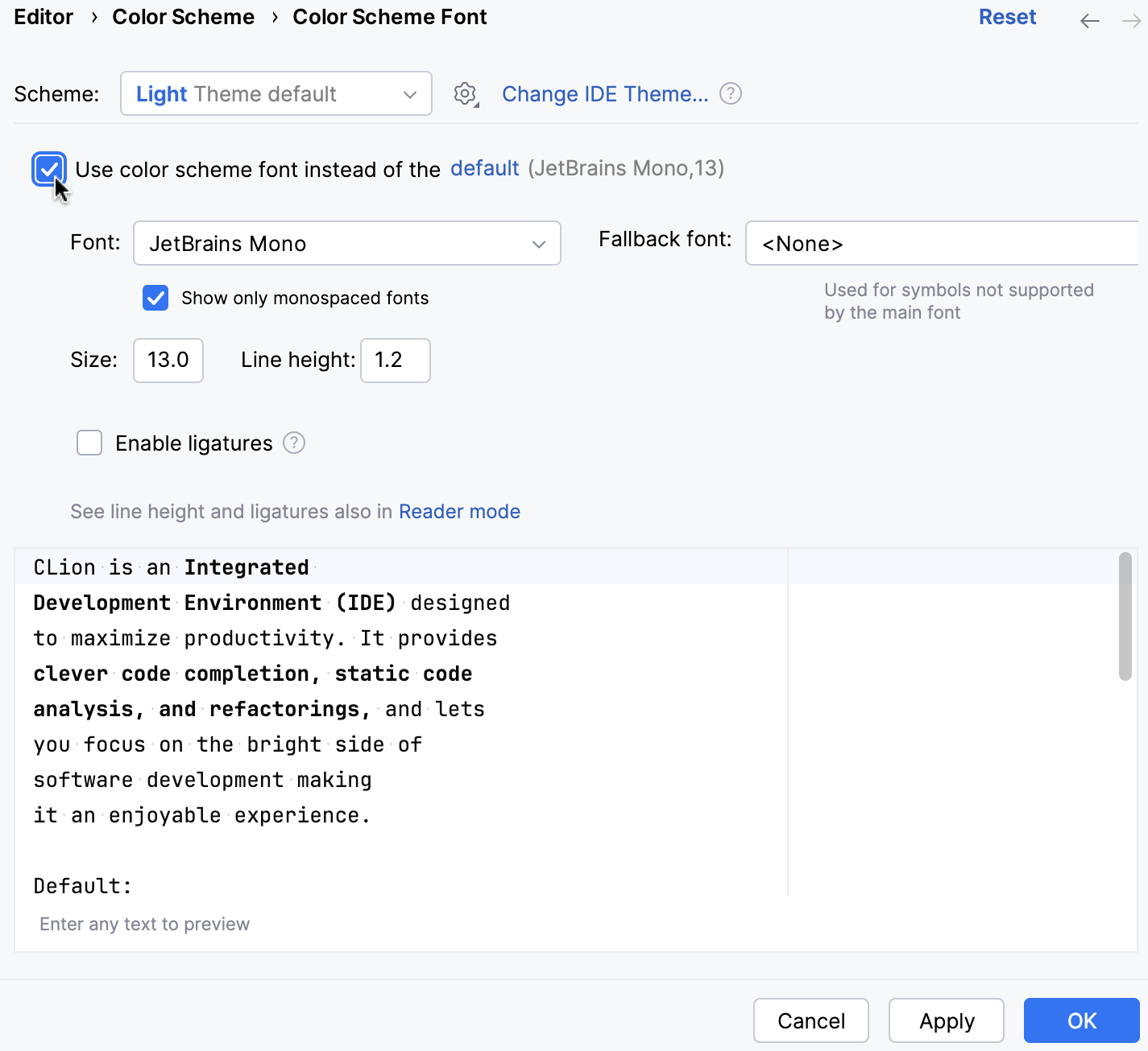 The Color Scheme Font settings page