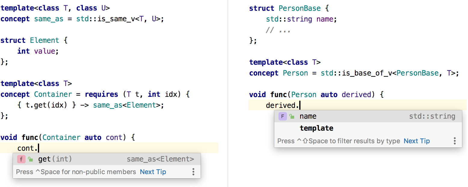 Completion for types constrained by std::is_base_of and std::is_same