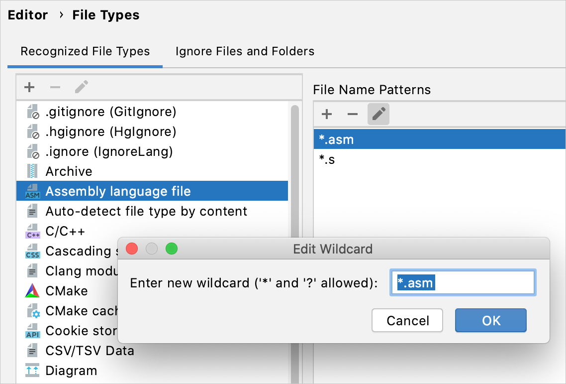 CLion: Change association between file type and related filename patterns