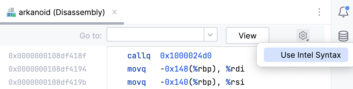 the Use Intel Syntax and Show Raw Output options