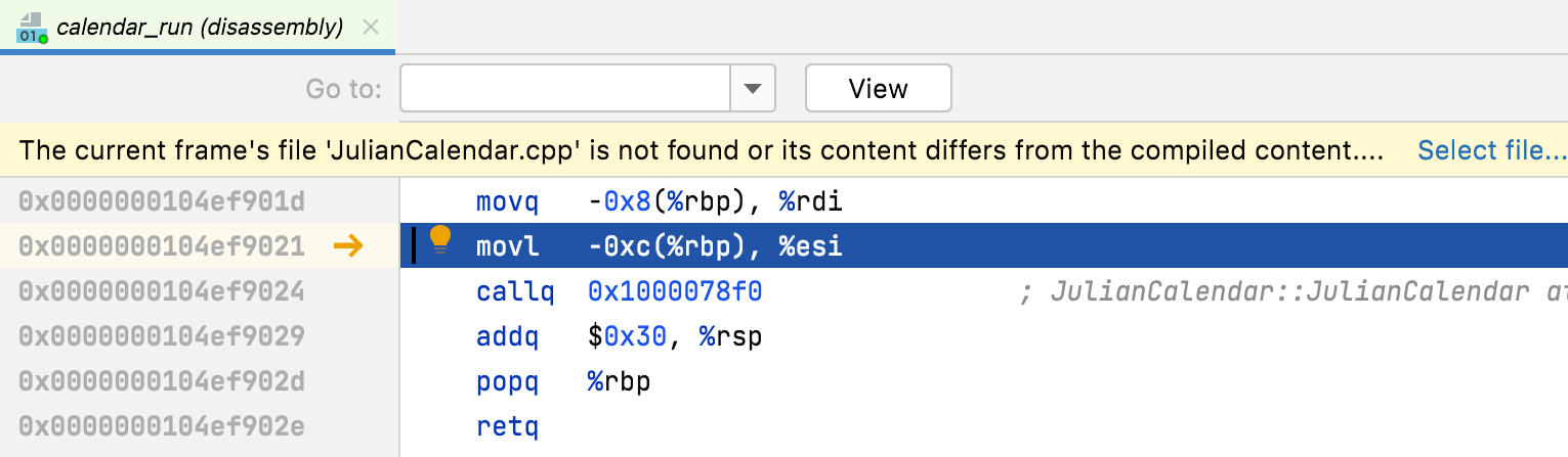 Selecting source file in disassembly