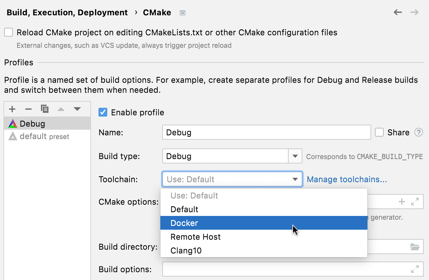 Docker toolchain in a CMake profile