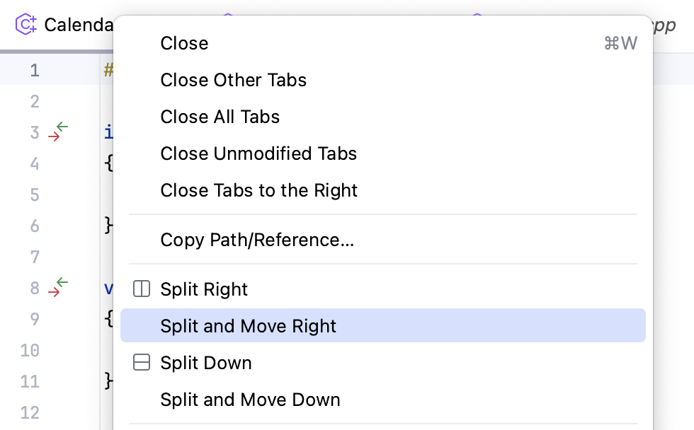 Editor splitting actions