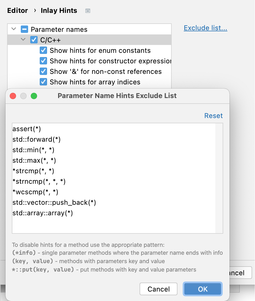 Parameter hints settings