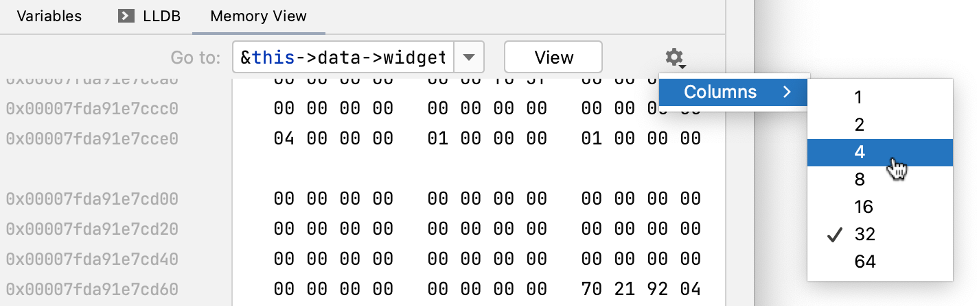 Changing the number of columns in memory view