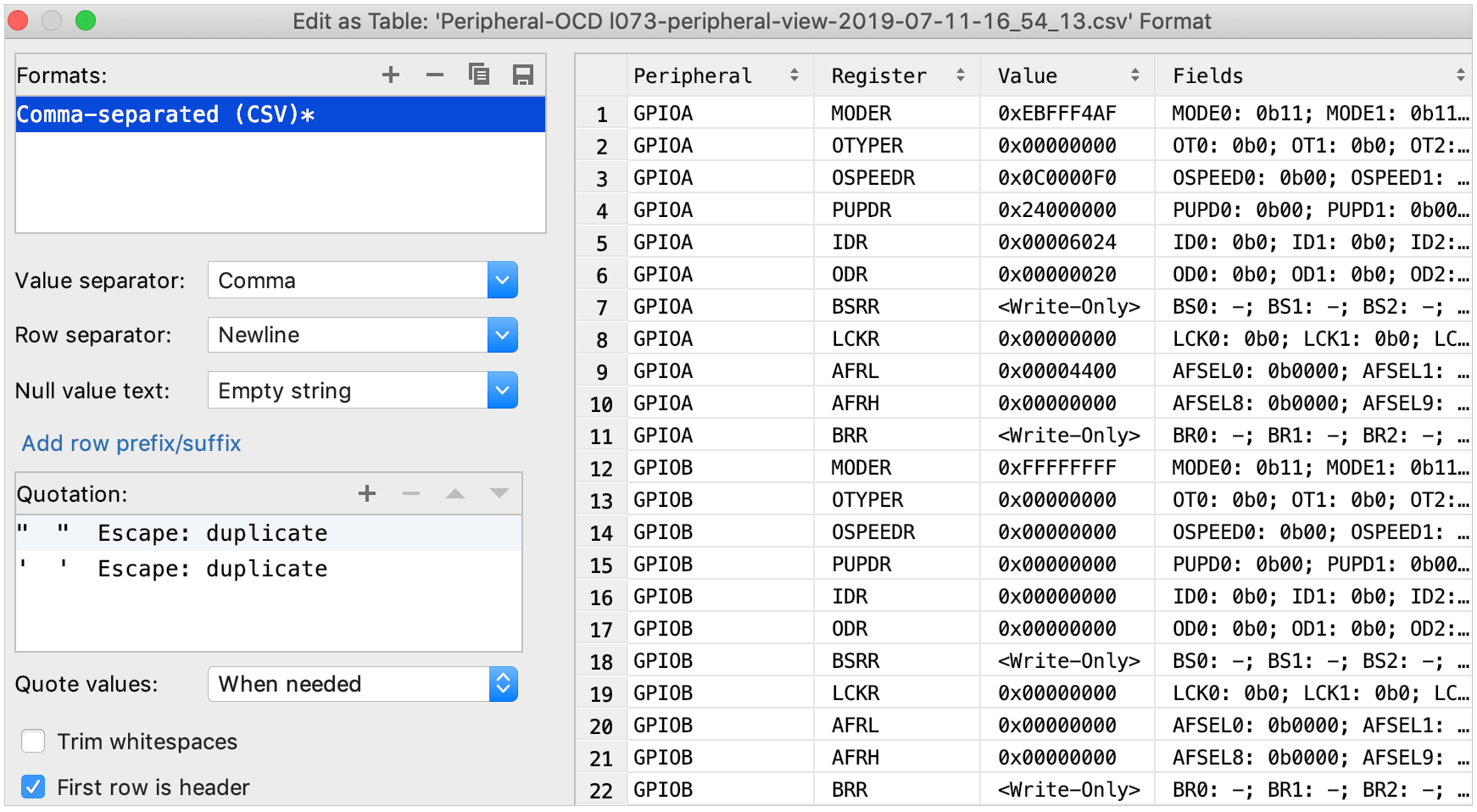 editing peripheral view data as table