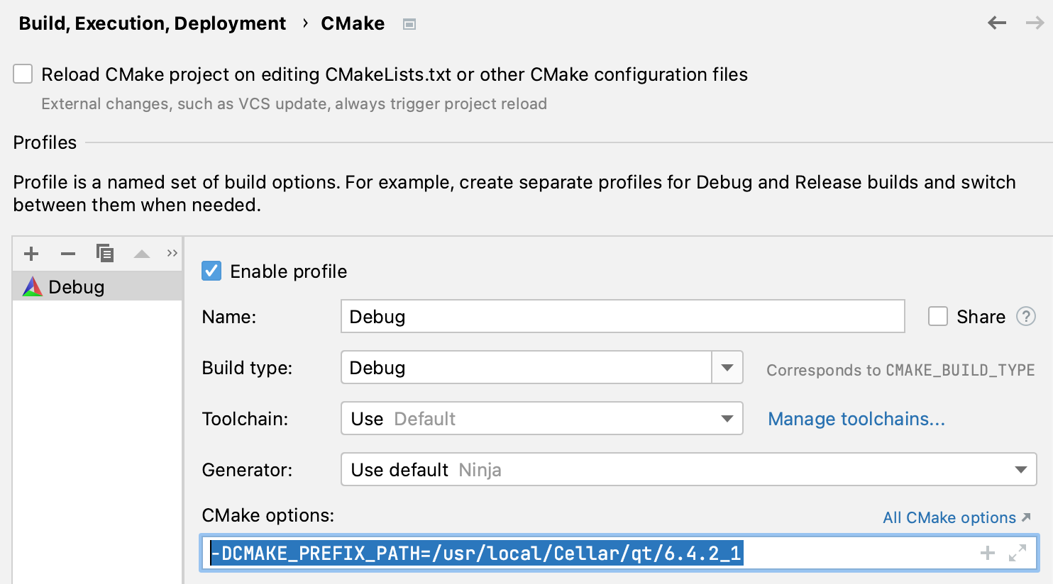 Qt installation path in CMake options