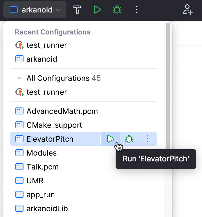 Run/debug configuration switcher