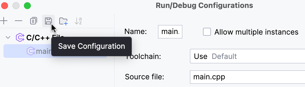 Saving a configuration from the dialog