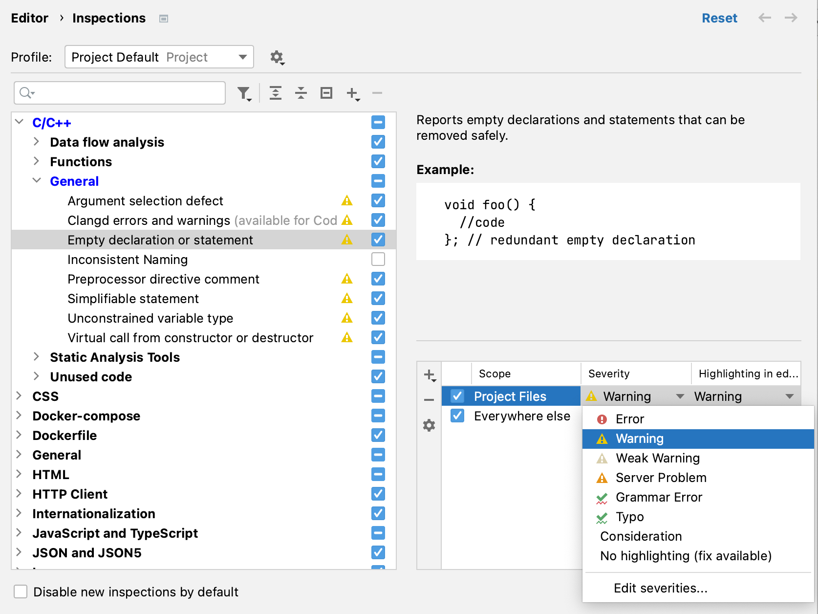 Configuring inspection severity for different scopes