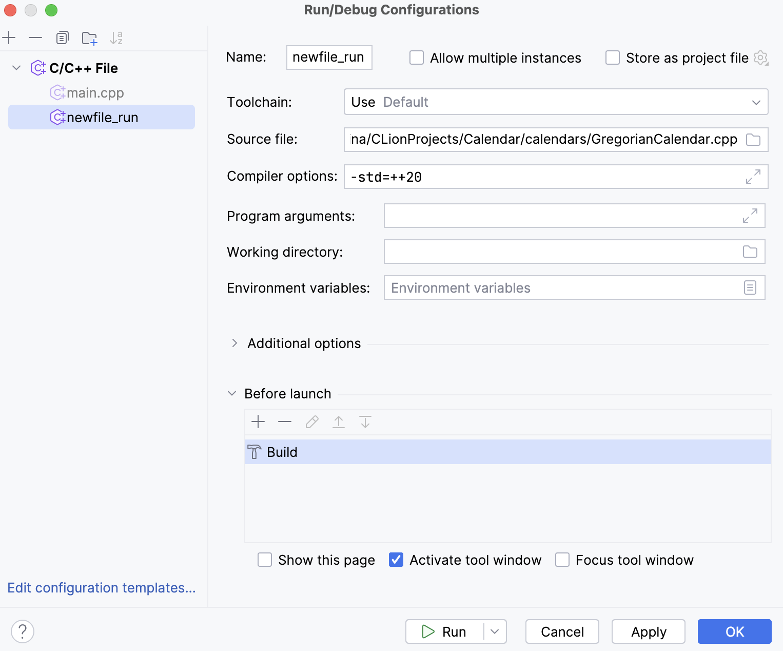 New C/C++ File configuration