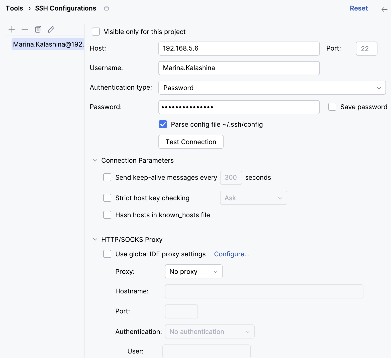 SSH configurations dialog