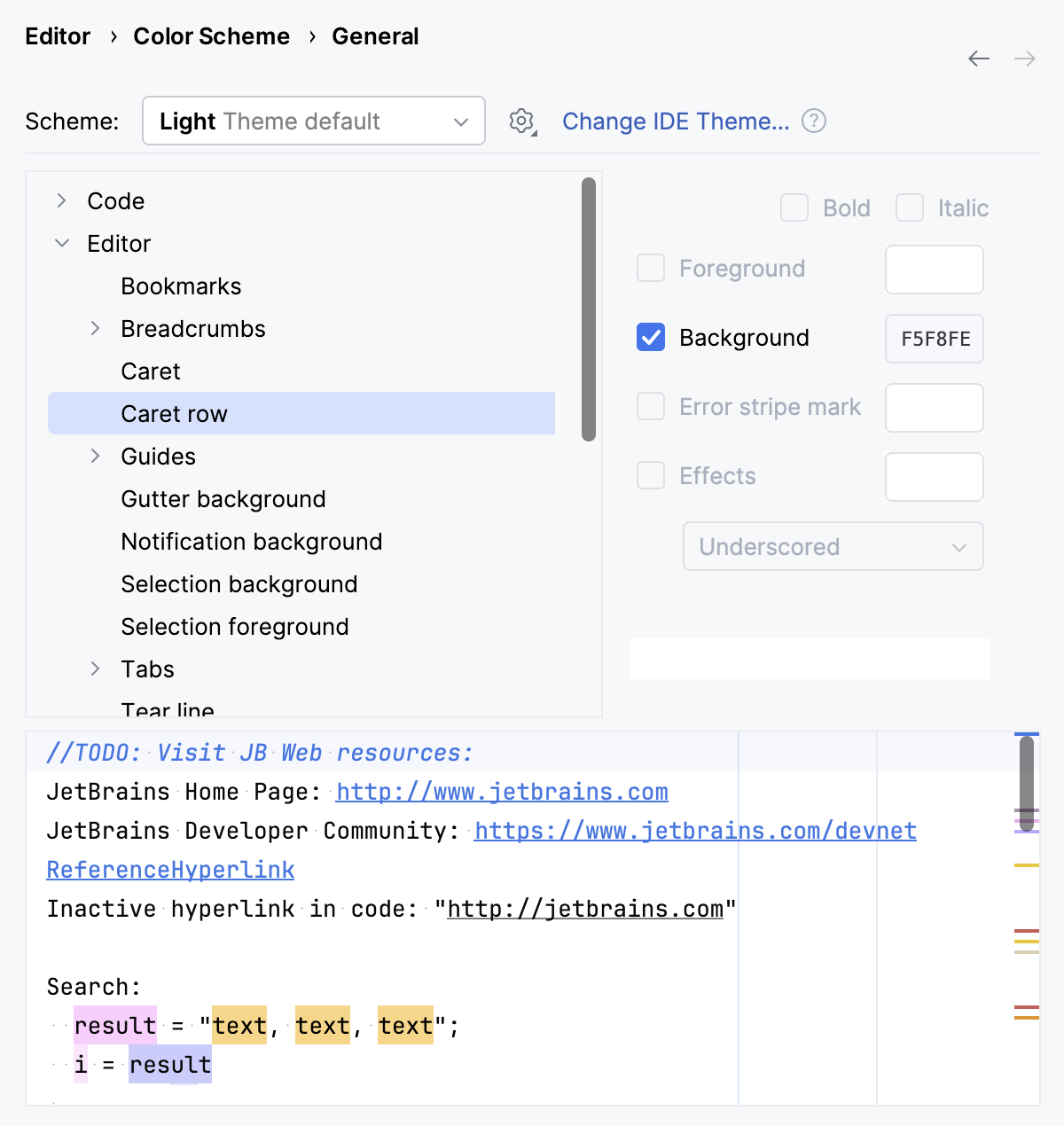 Configuring the color of the caret row