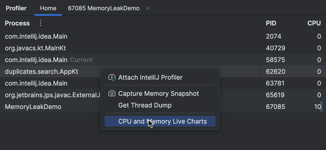 CPU and memory live charts IntelliJ IDEA Documentation