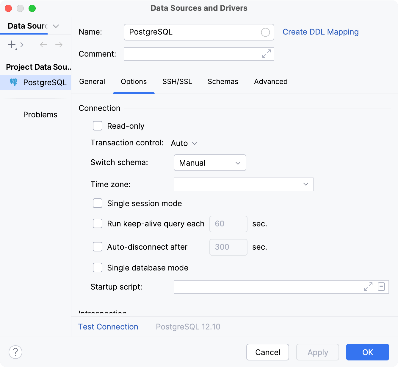 Data Source and Drivers dialog: Options tab of Data Sources settings