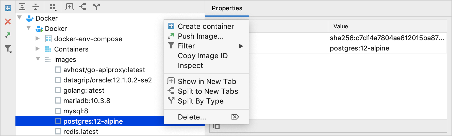 The Create container context menu item