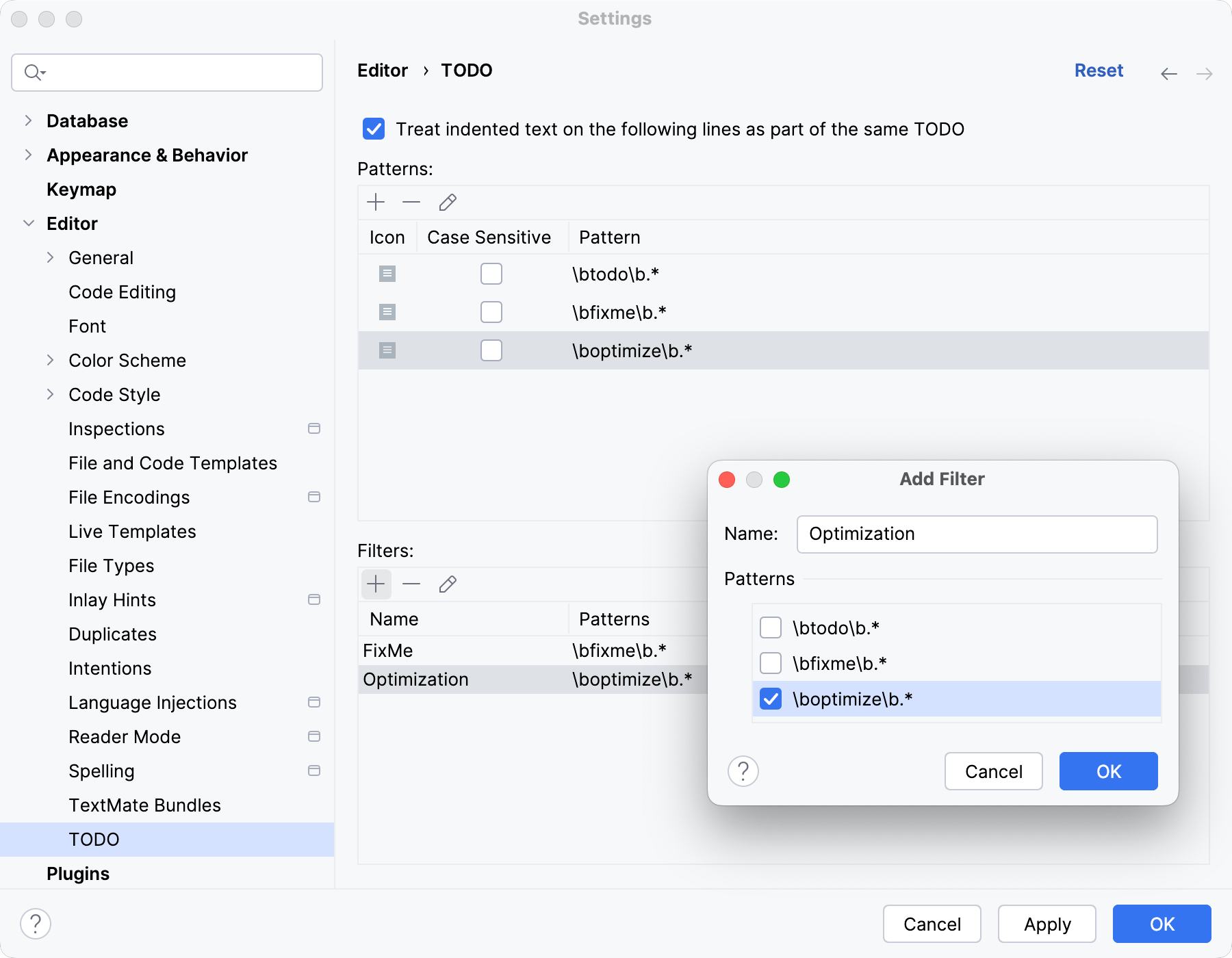 The TODO settings dialog