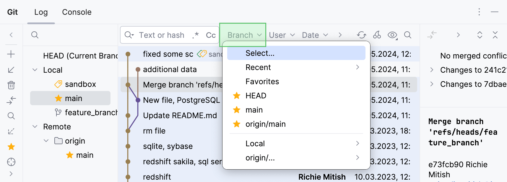 Filter log by branch