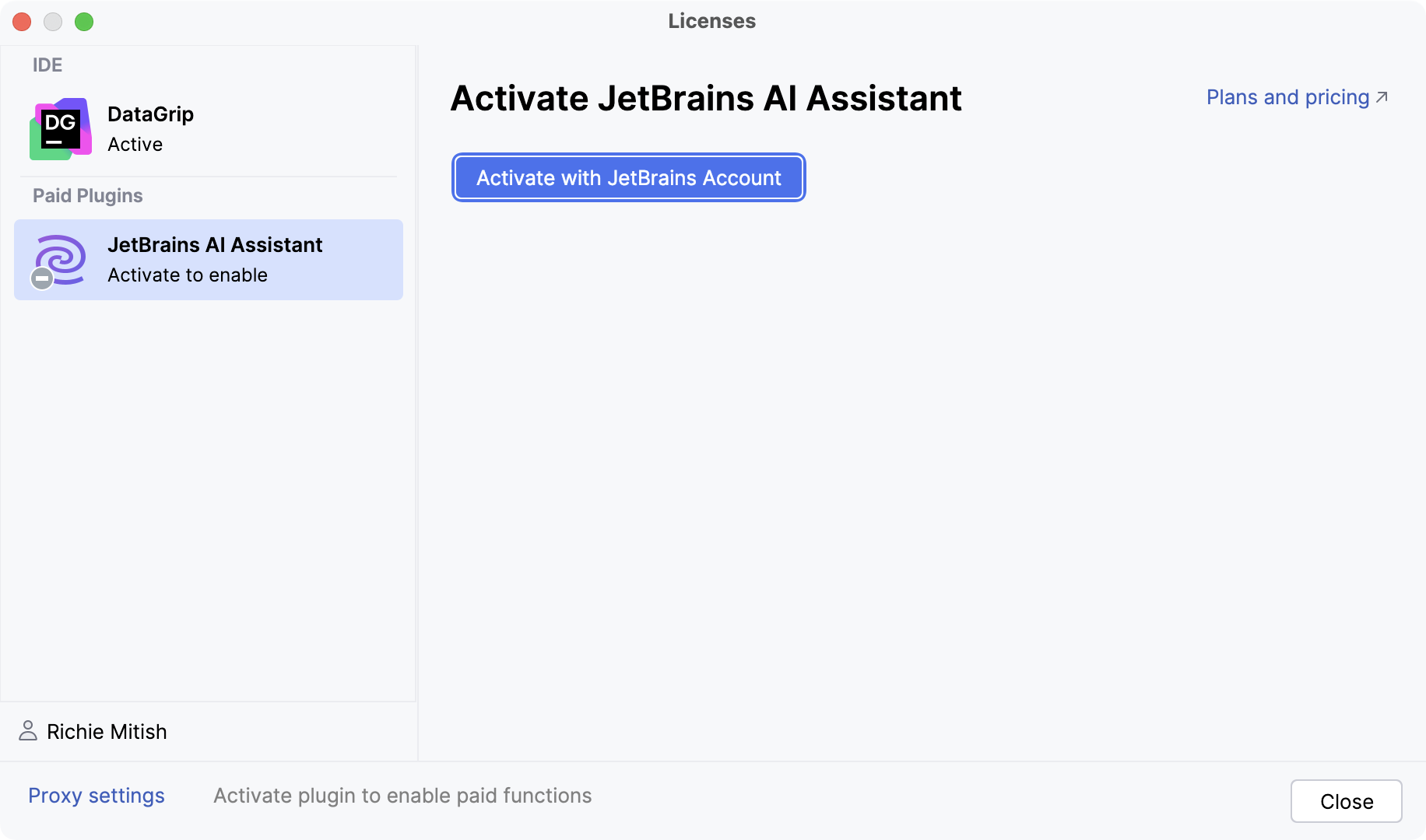 Activate AI Assistant with your JetBrains account