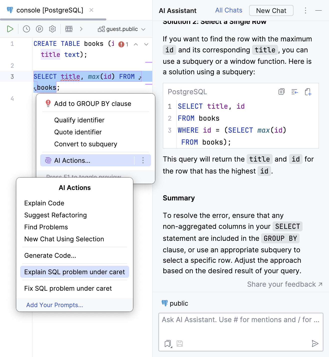 AI Assistant explains problems in the selected SQL code