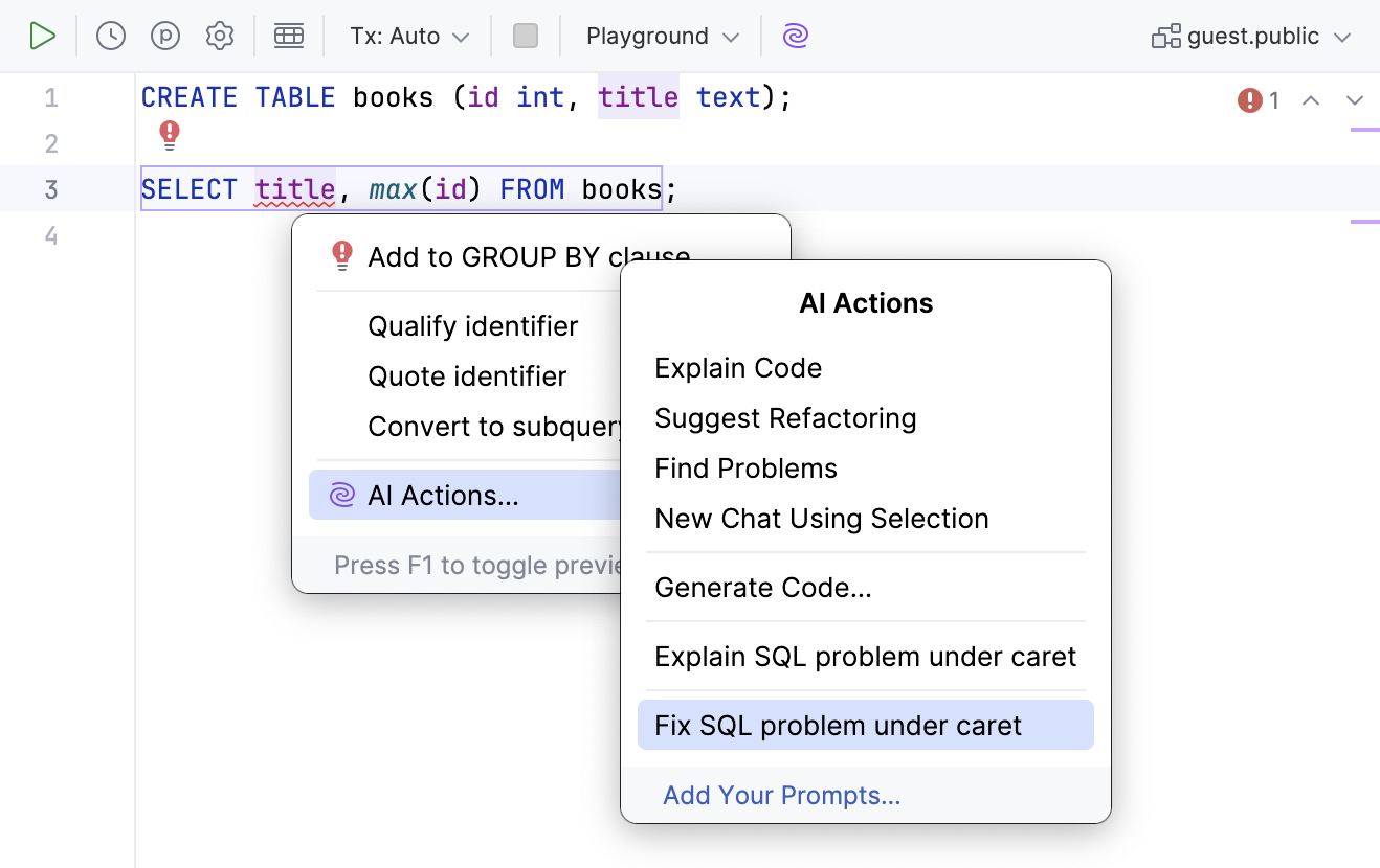 AI Assistant suggests a fix for the problems of selected SQL code