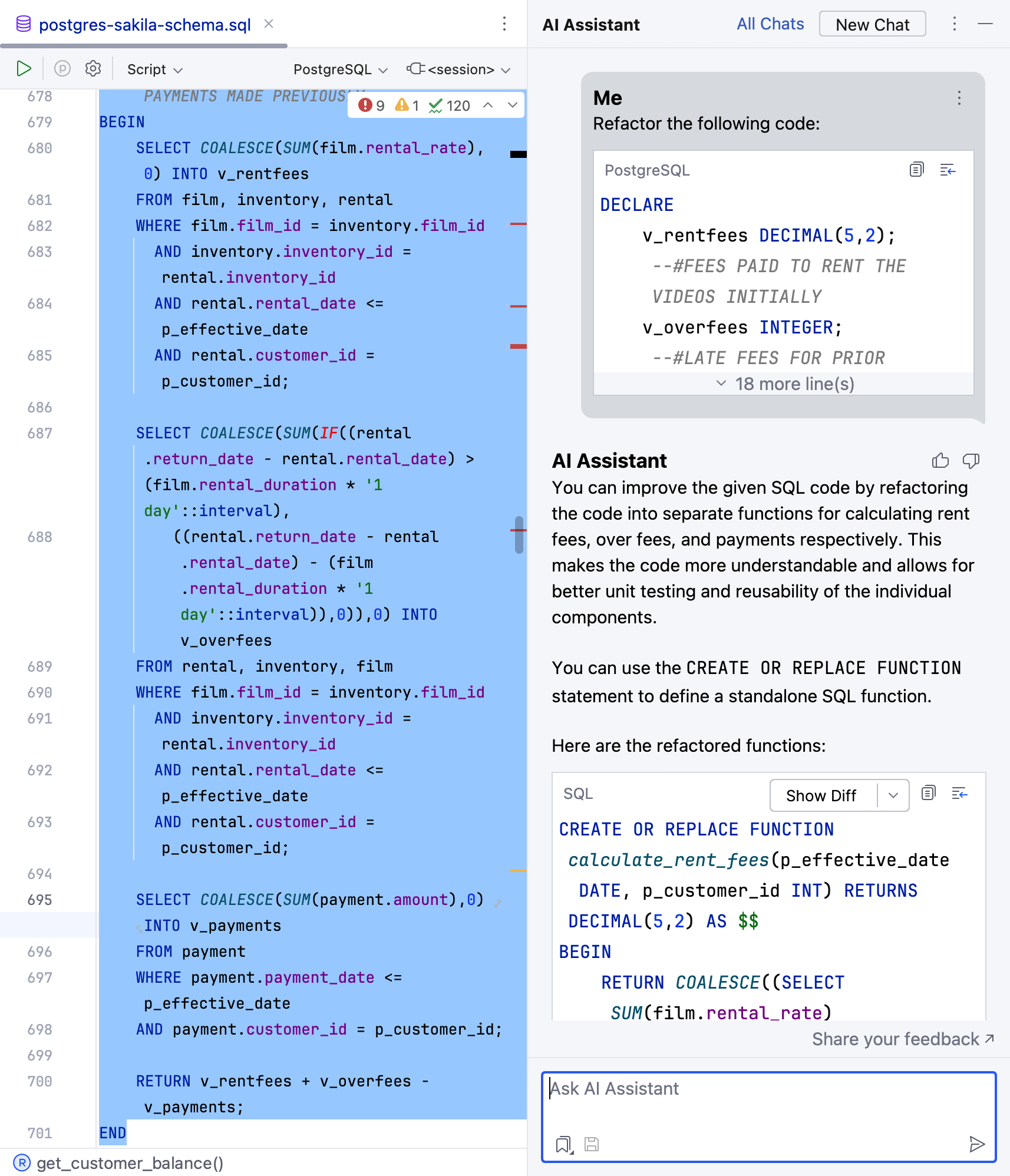 DataGrip: AI Assistant suggests refactoring