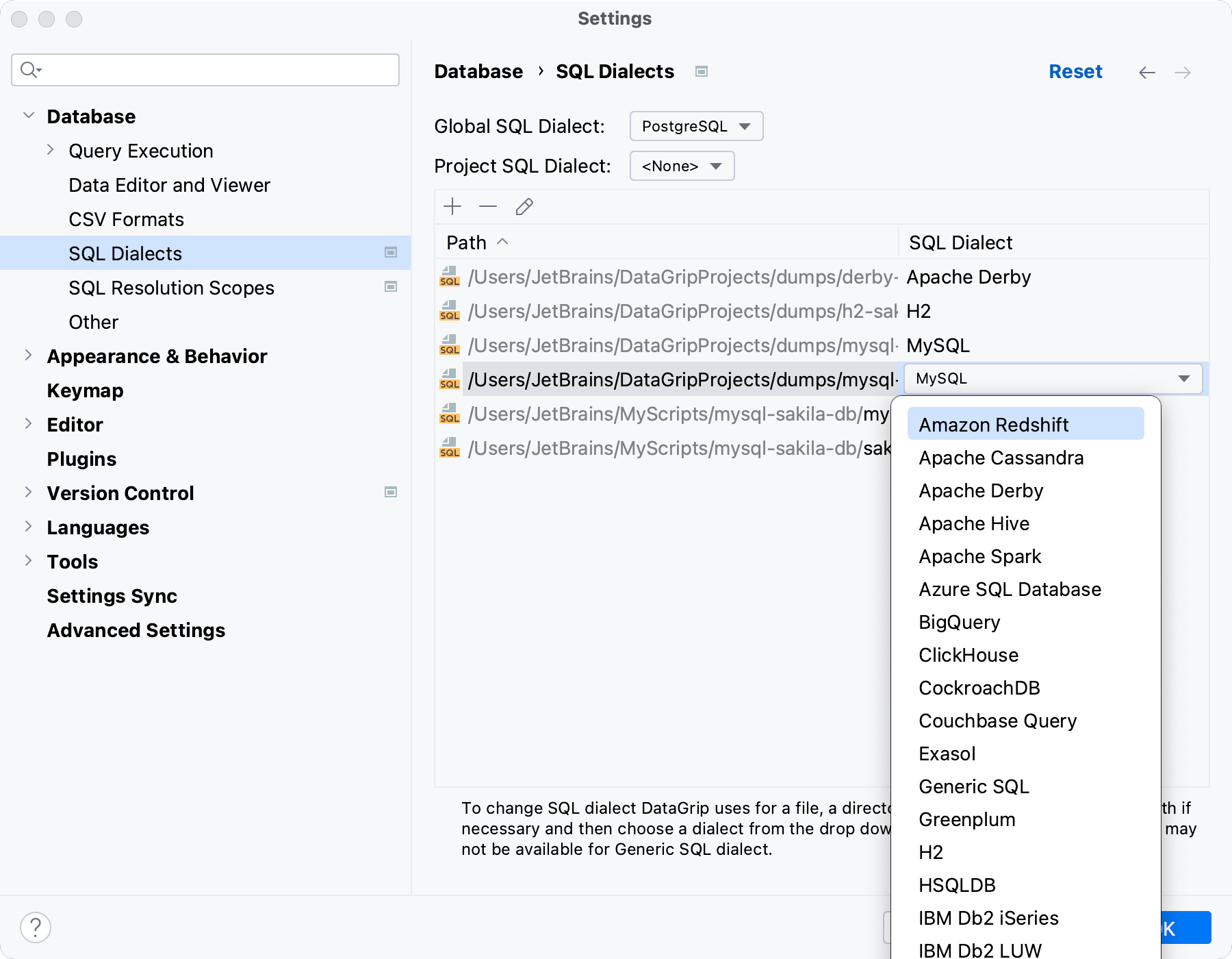 Specify an SQL dialect