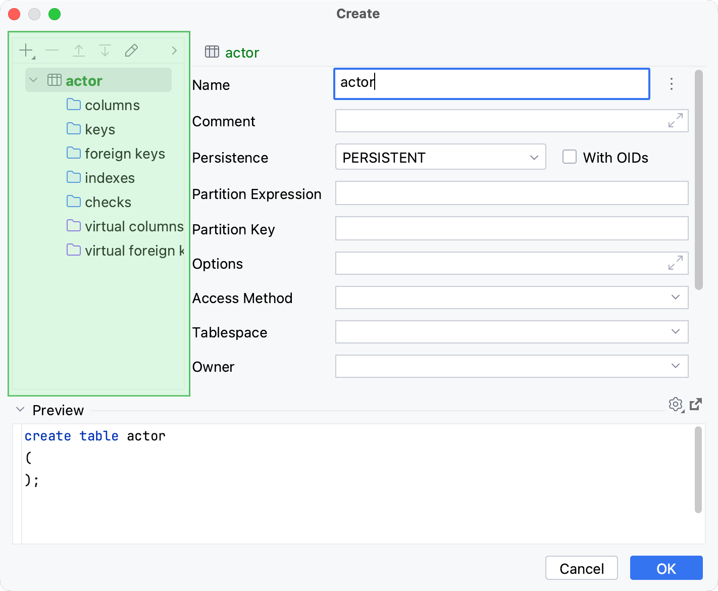 Table structure editor in Create and Modify dialogs