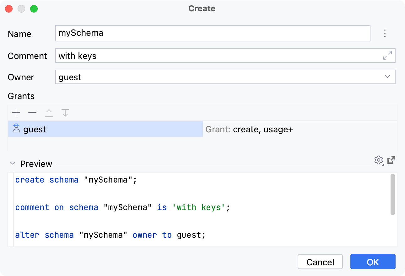 the Create schema dialog