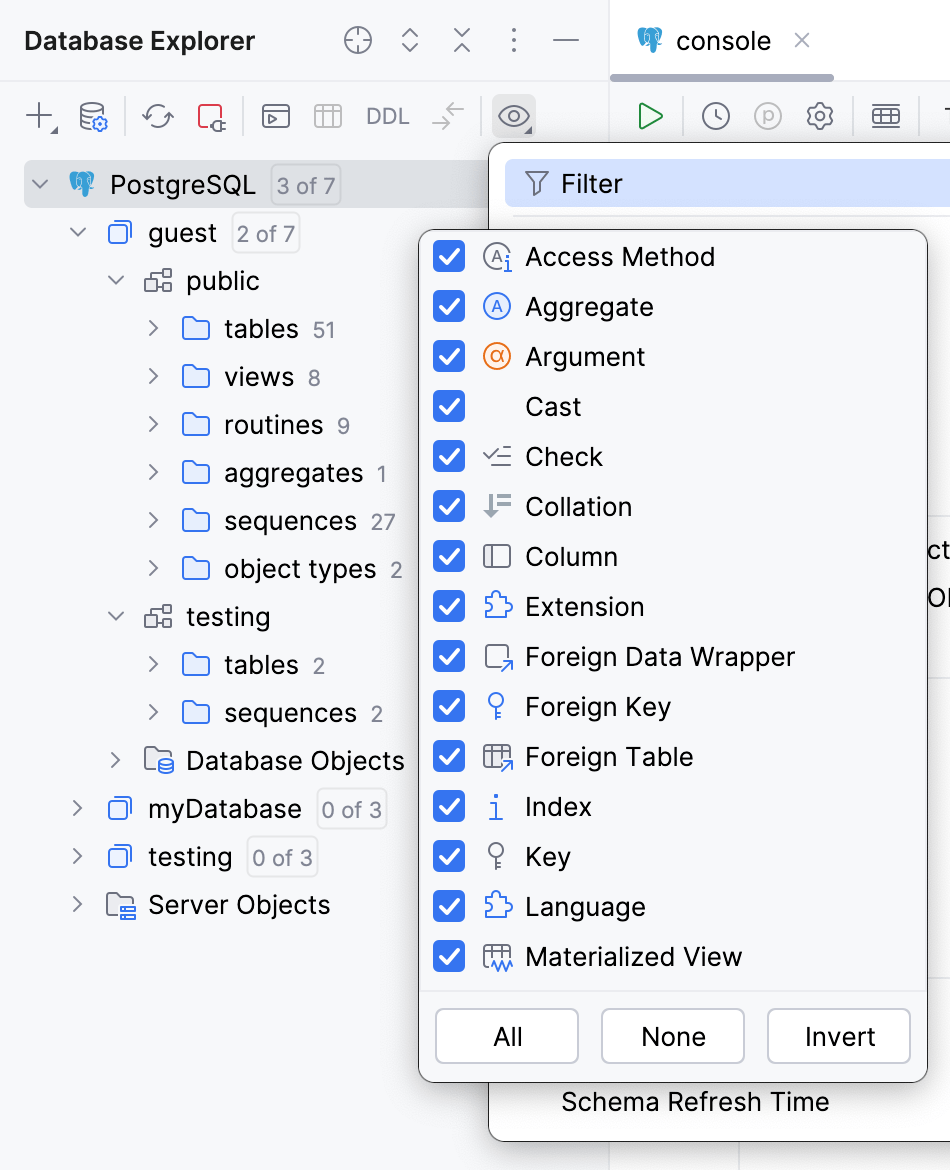 All items are selected to view in Database Explorer