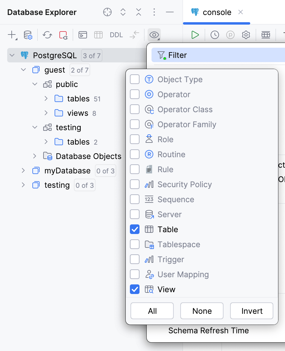 Only views and tables are selected to view in Database Explorer