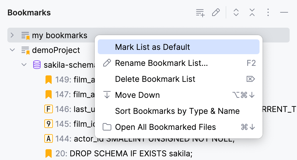 Default list in the Bookmarks tool window