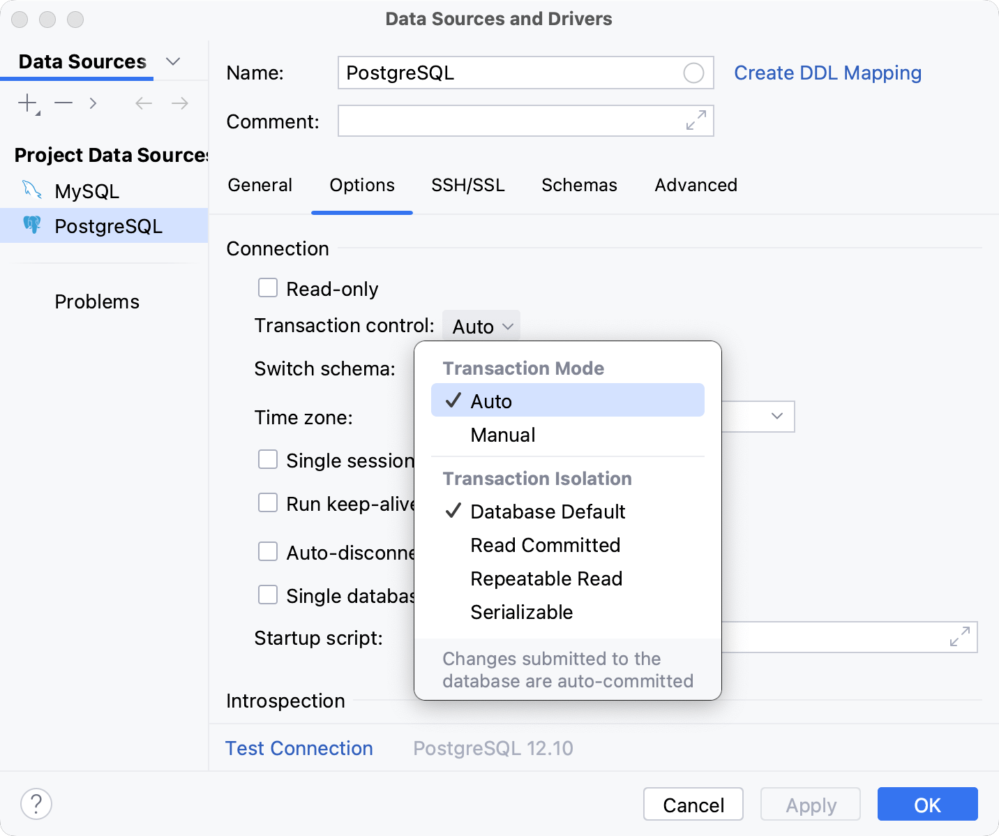 Default transaction mode for a data source