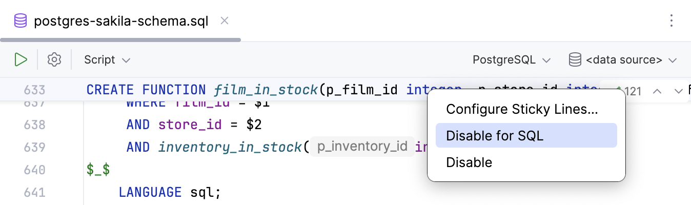 Disable sticky lines for specific languages in the editor