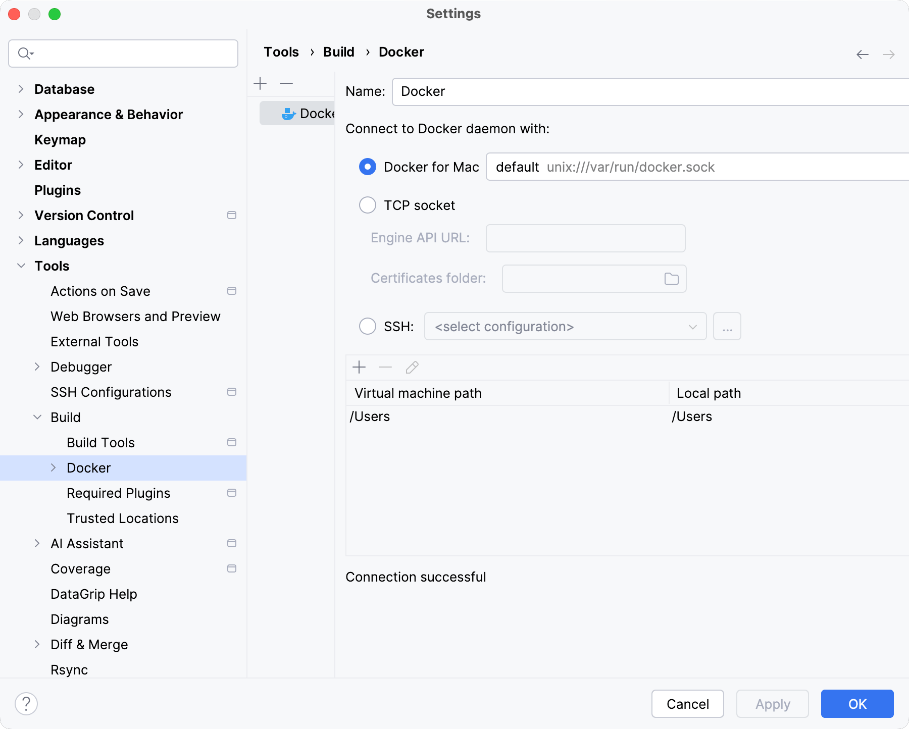 The Docker connection settings