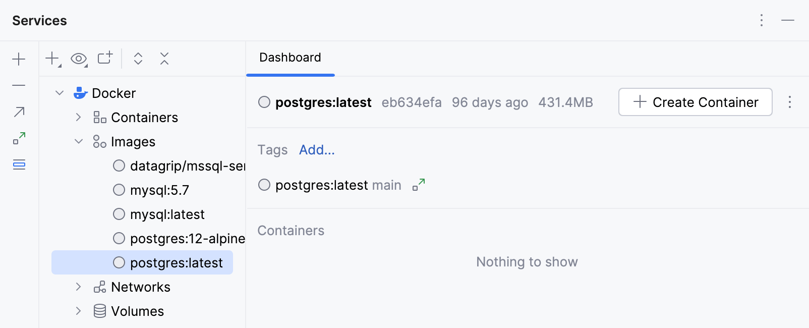 Select the PostgreSQL image and click Create Container