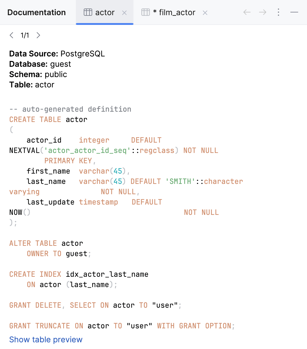 DataGrip: Documentation tool window