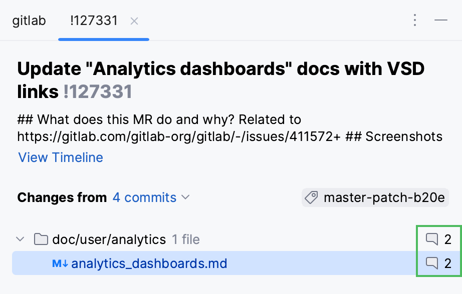 Commented files in the Merge Requests tool window