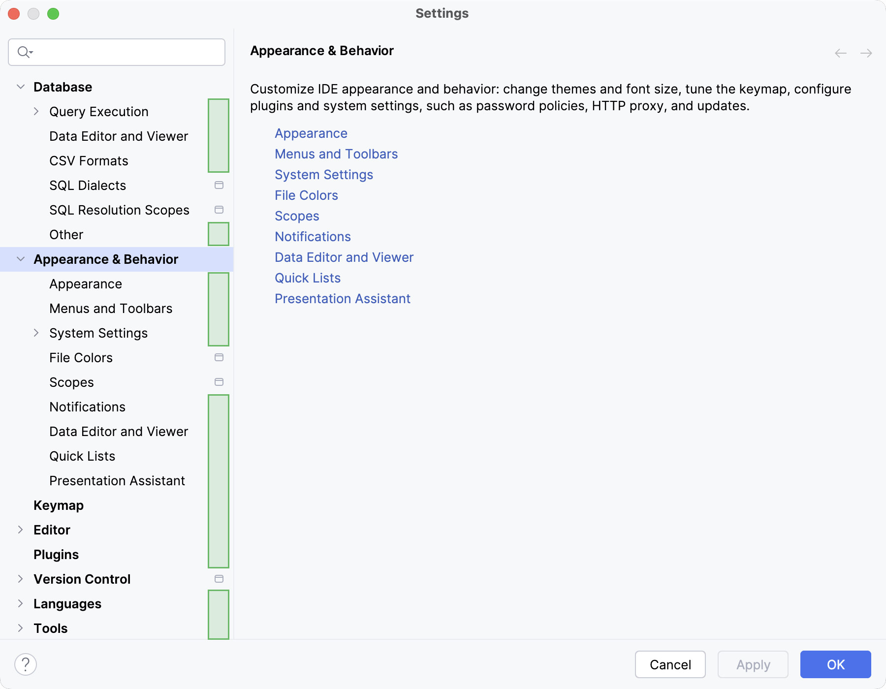 Global settings in the Settings dialog