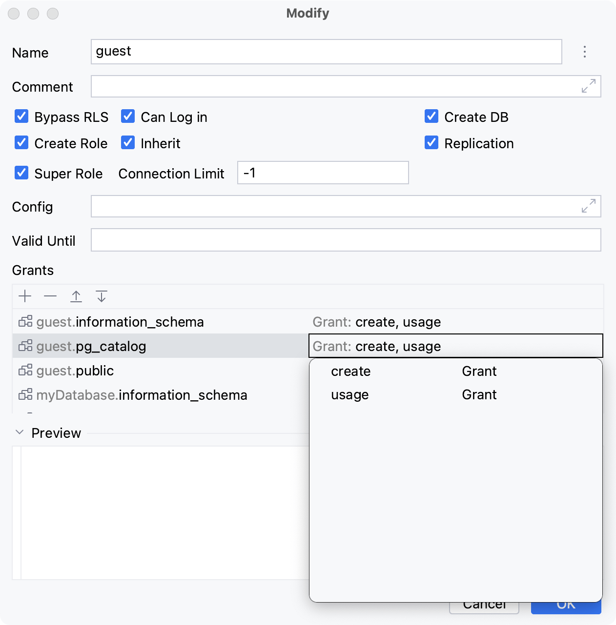 GRANT permissions for users