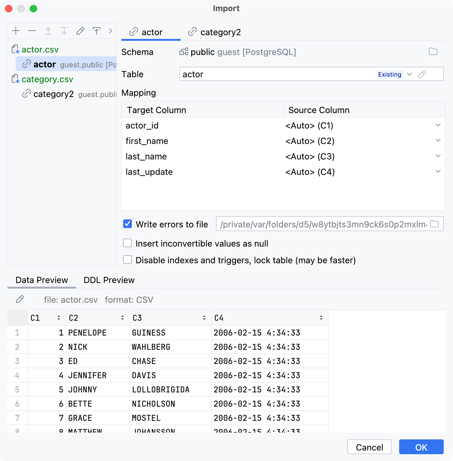 Import DSV file: mapping settings