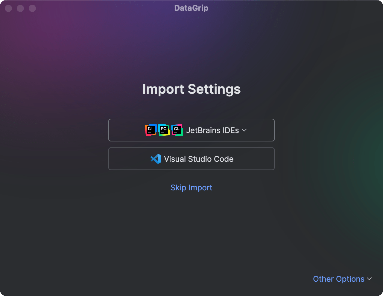 The Import Settings dialog with the cursor on the Visual Studio Code button