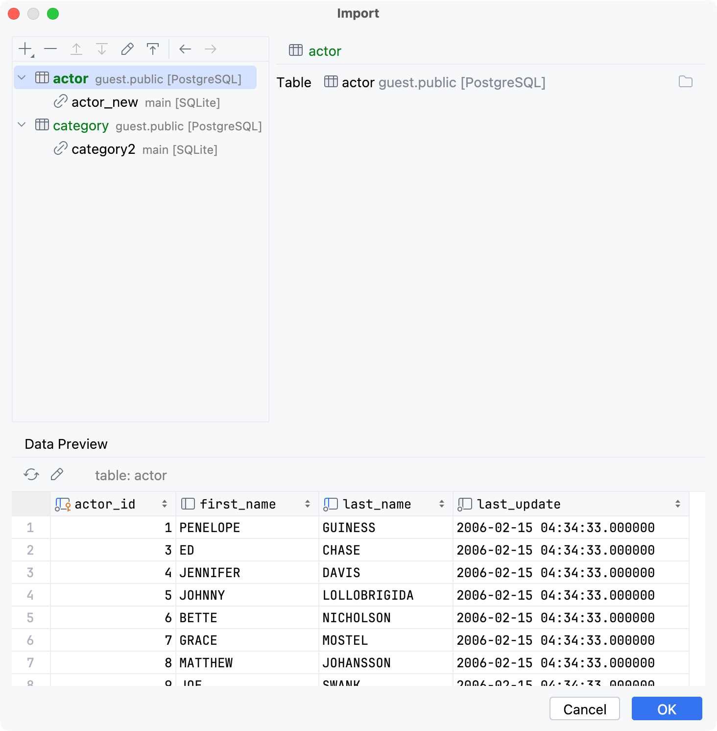 Import tables: table source settings