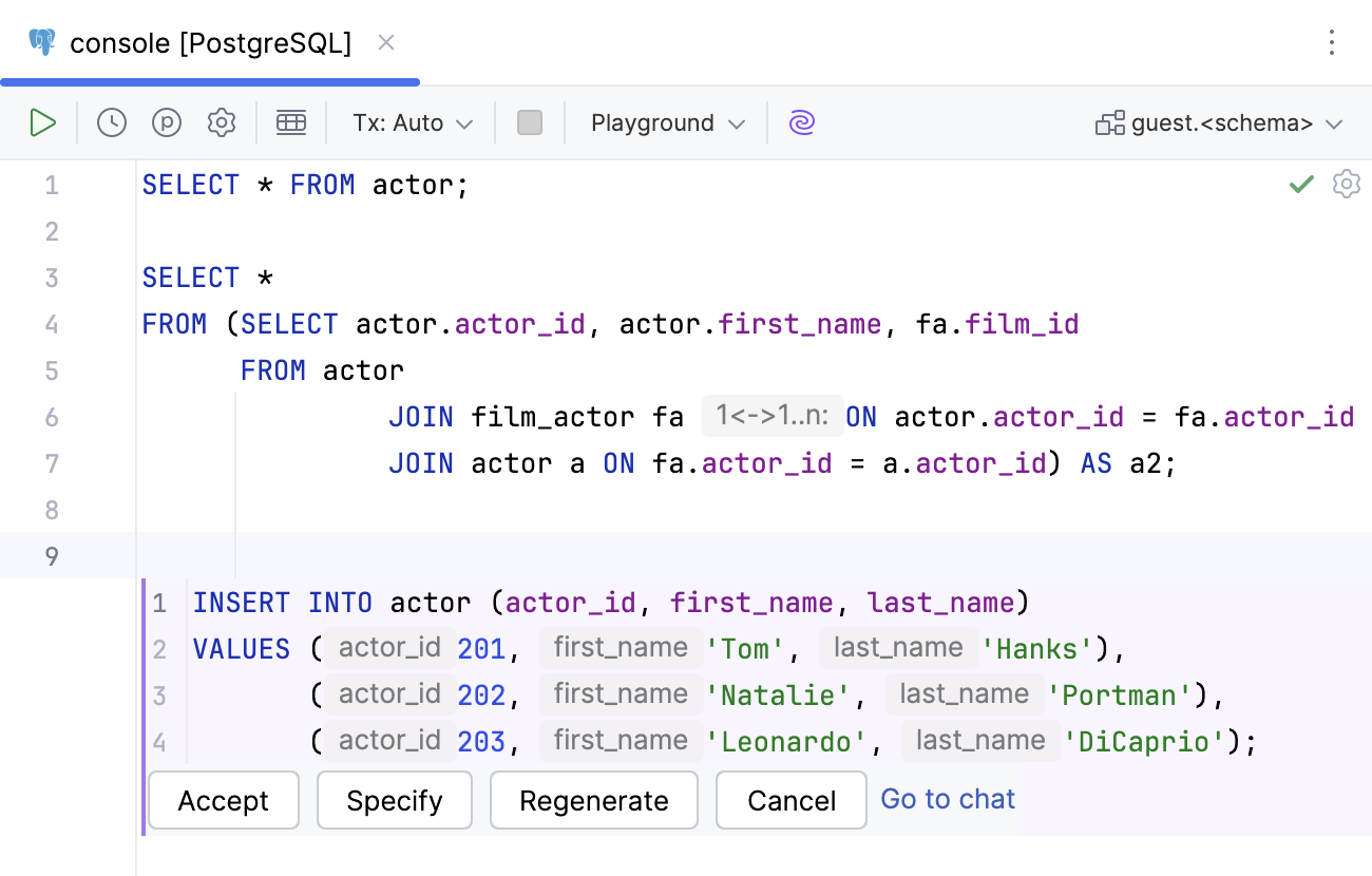 Generated code in diff tab