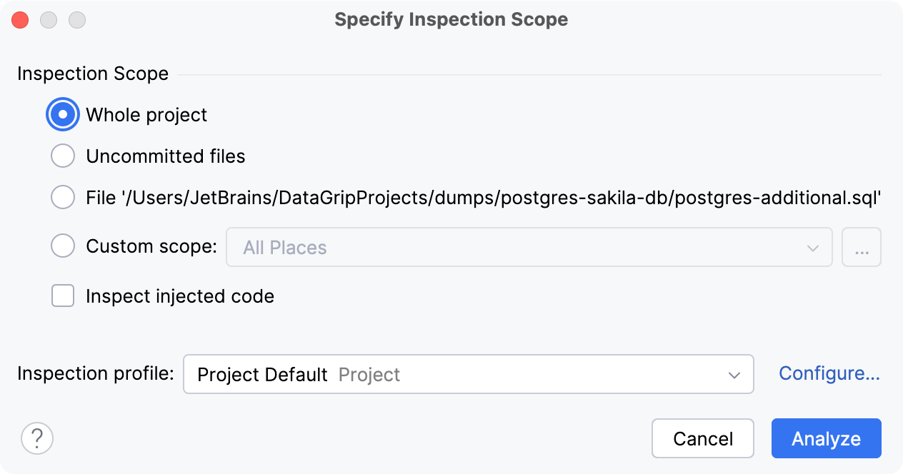 The Specify Inspection Scope dialog