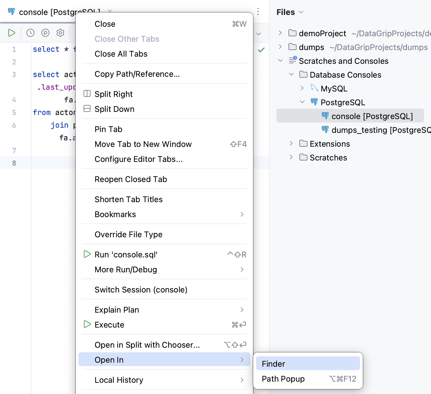 Open a console file in the file browser