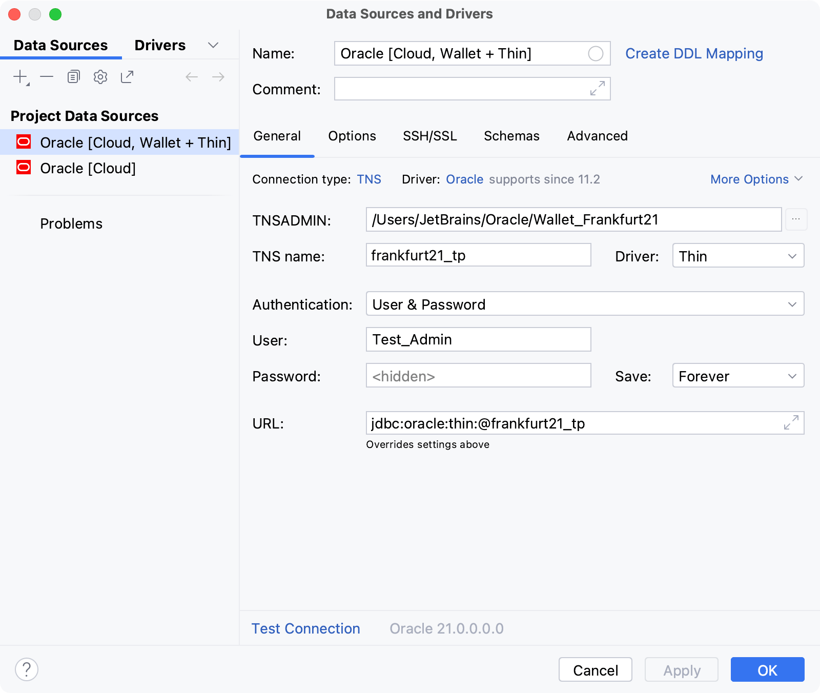 Data source for connections to Oracle Cloud using wallets and Thin driver