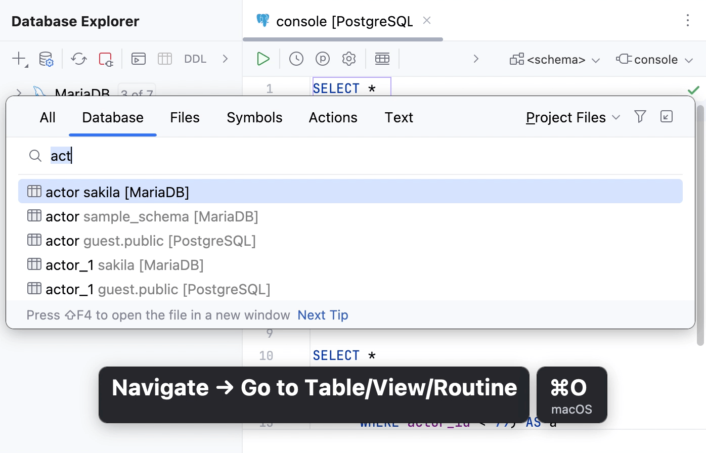 The Presentation Assistant displays the currently invoked Find in Database command in the IDE